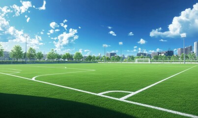 Bright green soccer field with white boundary lines under a clear blue sky, symbolizing energy and sportsmanship