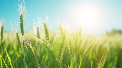 Fototapeta premium Vibrant green wheat field swaying gently under a bright blue sky evokes tranquility and connection to nature