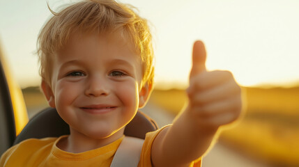 Child enjoying a joyful ride in a booster seat with a thumbs-up gesture in the bright countryside
