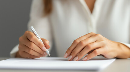 European woman in smart white blouse engaged in report review at a minimalist desk in a modern open-plan office