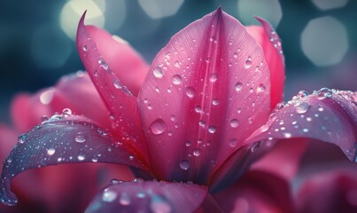 Fototapeta premium Bright pink tulips blooming in a garden, covered with tiny droplets of morning dew, illuminated by soft diffused sunlight, capturing spring's renewal