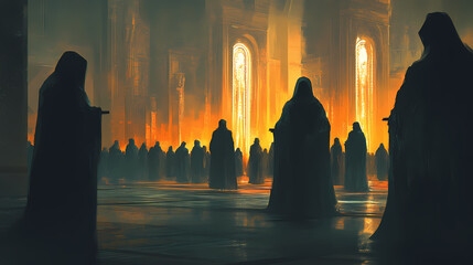 shadowy assembly surreal cloaked figures