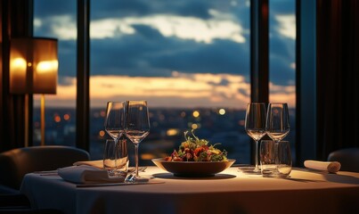 A professionally captured image of a sophisticated salad served on an elegant table with soft lighting