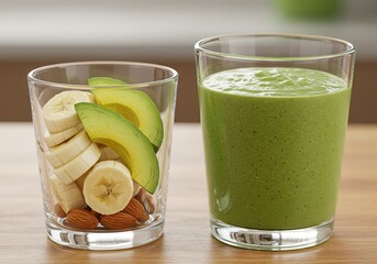 Fresh Smoothie and Nutritious Ingredients - Healthy Eating Concept. making it perfect for use in content related to healthy eating, smoothie recipes, and wellness blogs.