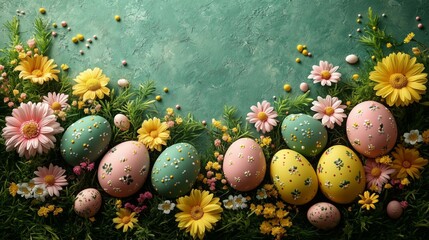 Festive Easter Eggs Surrounded by Vibrant Spring Flowers
