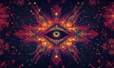 Abstract cosmic design featuring a single glowing eye surrounded by vibrant stars and celestial patterns.
