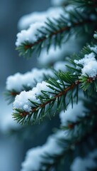 Close-up of snow-covered fir, intricate snowflake details, festive detail, holiday backdrop