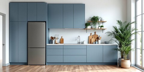 Modern blue-gray kitchen interior with minimalist cabinets, stainless steel fridge, wooden floor, and green plant decoration. Scandinavian home design with clean lines and copy space
