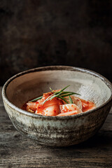 traditional kimchi dish, served in a rustic ceramic bowl, 