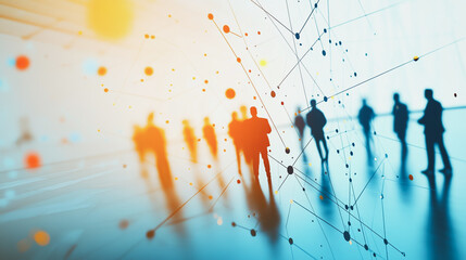 Group of business people silhouettes in modern office building and business network concept. Human resources with pastel innovation charts and graphs with statistics to analyze business	