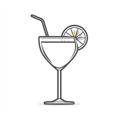 Simple outline drawing of a cocktail glass with straw and lemon slice
