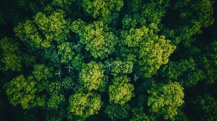 Naklejka premium Aerial view of lush green forest with power lines