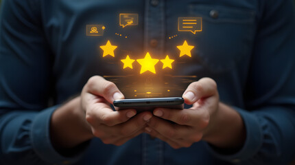 Online Reputation Management: Man Holding Phone with 5-Star Rating & Customer Review Icons. Business Feedback, Digital Marketing, & Customer Satisfaction.
