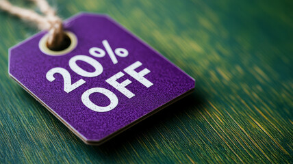 Purple percentage tag with 20% off on green background.
