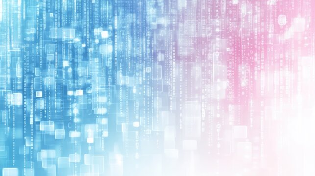 Abstract digital background with blue and pink hues, featuring binary code and squares.