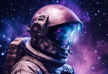 galaxy reflected helmet stars nebula blue galaxies purple astronaut space generative ai interstellar cosmic universe astronomy outer cosmos orbit starry suit satellite fiction