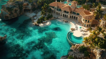 Aerial view of luxury beachfront villa, turquoise water, tropical setting