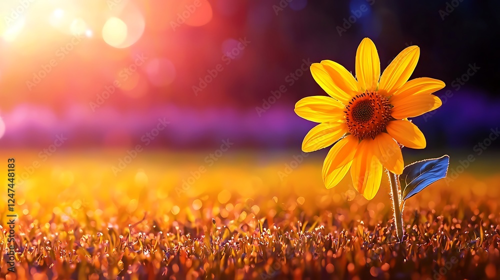 Wall mural A vibrant sunflower stands alone in a sunlit field, showcasing nature's beauty at dusk