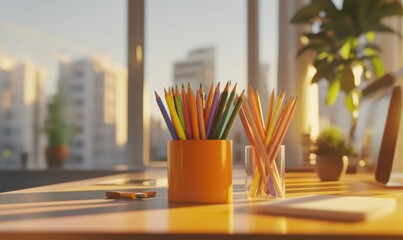 Obraz premium Close-up of vibrant colored pencils neatly arranged in a holder, placed on a modern desk with natural light streaming in, inspiring creativity