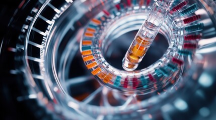 Abstract representation of a complex spiral structure featuring vibrant, colorful elements within a transparent, scientific framework, symbolizing innovation and advanced technology