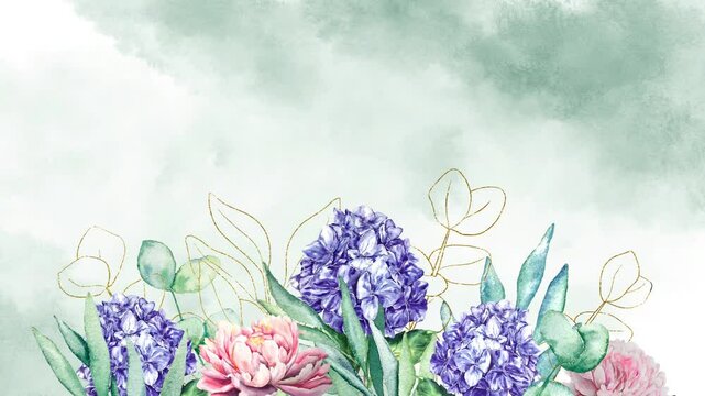 Watercolor leaves background, peonies and hydrangea flowers animation growing moving minimal decoration botanical ecological cosmetic wedding invitation spring summer plants