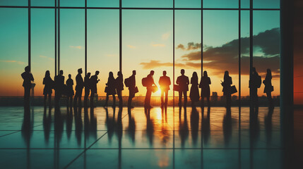 Group of business people silhouettes in modern office building and business network concept. Human resources with pastel innovation charts and graphs with statistics to analyze business	