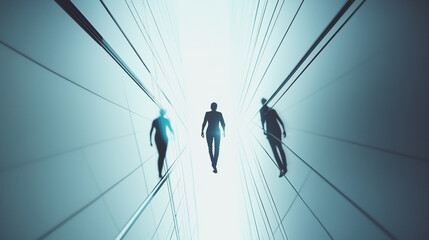 Group of business people silhouettes in modern office building and business network concept. Human resources with pastel innovation charts and graphs with statistics to analyze business	