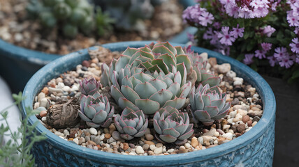 Hens-and-chicks sempervivum in a garden pot.