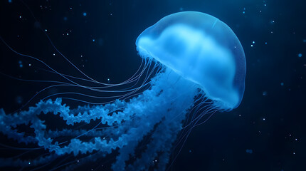 Naklejka premium Mesmerizing Bioluminescent Blue Jellyfish Drifting in Deep Dark Ocean - Underwater Marine Life with Flowing Tentacles - Stunning Sea Creature Photography in Dark Water