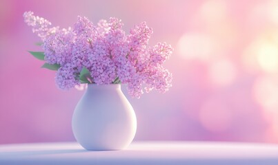 Lilac bouquet in a white vase, captured in soft diffused light with a subtle background blur, emphasizing its delicate and fragrant beauty