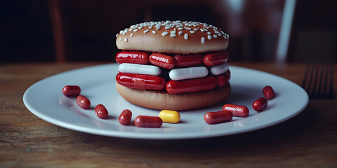 Colorful Food Art: Whimsical Burger and Hot Dogs with Layers, Playful Composition, Edible Visual Puns, Creative Food Styling on Wooden Table with Vibrant Colors and Unusual Decorations