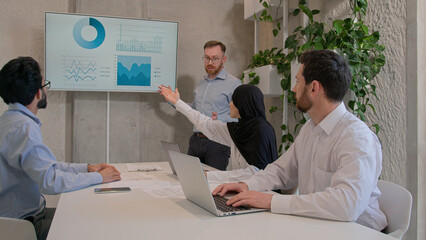 Office team leader man mentor show charts financial growth graphics presentation on interactive...