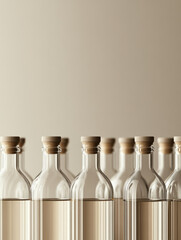 Row of transparent glass bottles with corks.