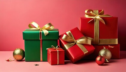 Obraz premium Christmas. Birthday, presents. red and gold gift wrapping against a coloured background