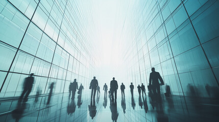 Group of business people silhouettes in modern office building and business network concept. Human resources with pastel innovation charts and graphs with statistics to analyze business	