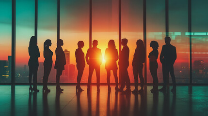 Group of business people silhouettes in modern office building and business network concept. Human resources with pastel innovation charts and graphs with statistics to analyze business	