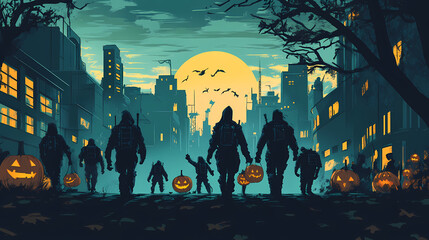 Cyberpunk hackers trick-or-treating in a dystopian urban landscape. Dystopian Underground Societies. Illustration