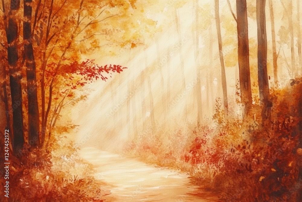 Aufkleber Golden autumn light filtering through a forest path surrounded by vibrant fall foliage. Generative AI