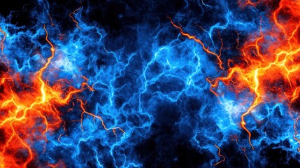 Fototapeta premium Fiery blue and orange plasma energy clashing, dark background, abstract design