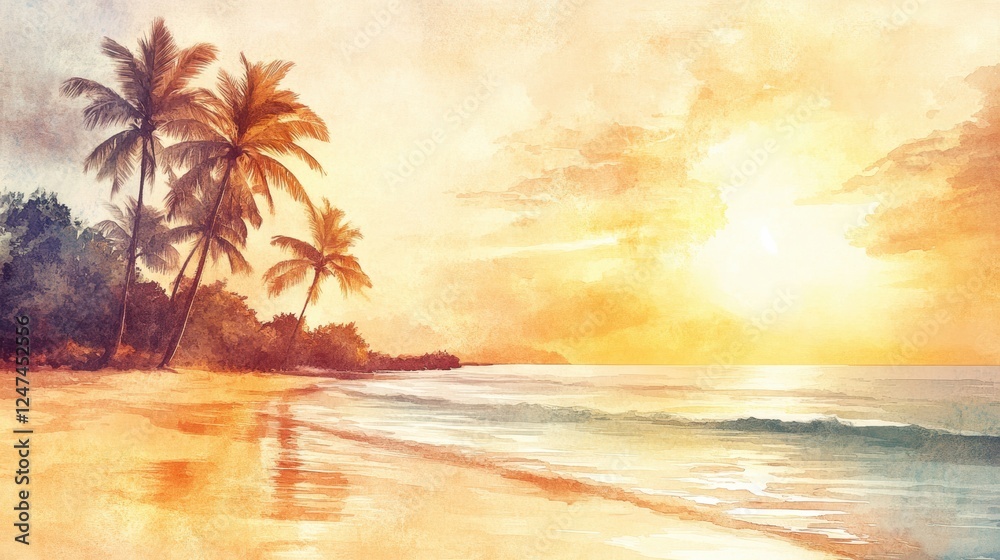Aufkleber sunset over a tranquil beach with palm trees and gentle waves in a soft watercolor style. generative