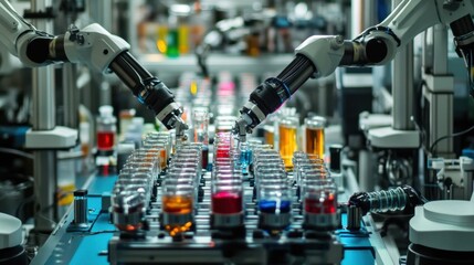 Advanced robotic arms precisely handling vials in a high tech laboratory setting, showcasing automation in scientific research and experimentation with colorful liquids