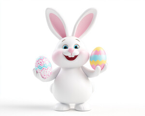 Obraz premium Cheerful white Easter bunny holding decorative eggs, festive springtime holiday mascot illustration