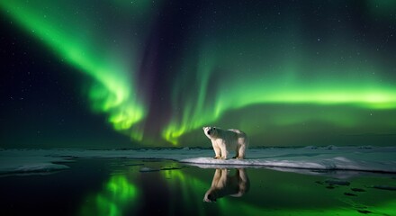 Polar Bear and Aurora Borealis: Majestic Arctic Scene, Wildlife Photography, Green Northern Lights, Reflection on Ice, Nature and Wonder, Travel and Adventure, Conservation and Environment.