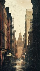 Fototapeta premium Rain falls on a city street lined with buildings
