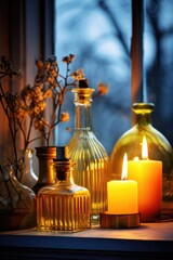 Cozy evening window decor with glowing candles and vintage glass bottles at dusk. Interior decoration for Thanksgiving, Halloween, Christmas and winter home design with copy space