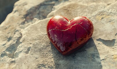 Fototapeta premium Cracked red heart against a neutral background, symbolizing heartbreak and emotional fragility.