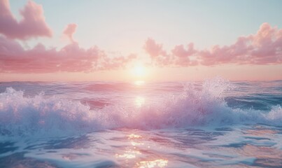 Crashing ocean waves meeting the sandy shore under a soft pink and blue sunset sky, evoking peace and natural beauty