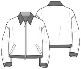 Crop Jacket, Leather Jackets, Bomber Jacket, Coach Jacket, Moto Racer Jacket  Front and Back View. Fashion Illustration, Vector, CAD, Technical Drawing, Flat Drawing, Template, Mockup.