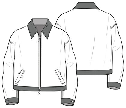 Crop Jacket, Leather Jackets, Bomber Jacket, Coach Jacket, Moto Racer Jacket  Front and Back View. Fashion Illustration, Vector, CAD, Technical Drawing, Flat Drawing, Template, Mockup.