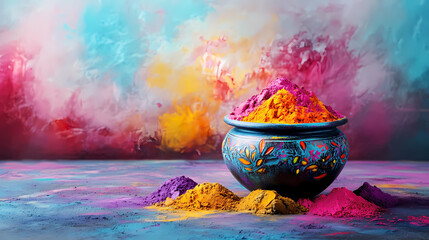 Gulag colours in bowl for Holi festival, Hindu tradition festive. Happy holi indian festival dahan banner concept.